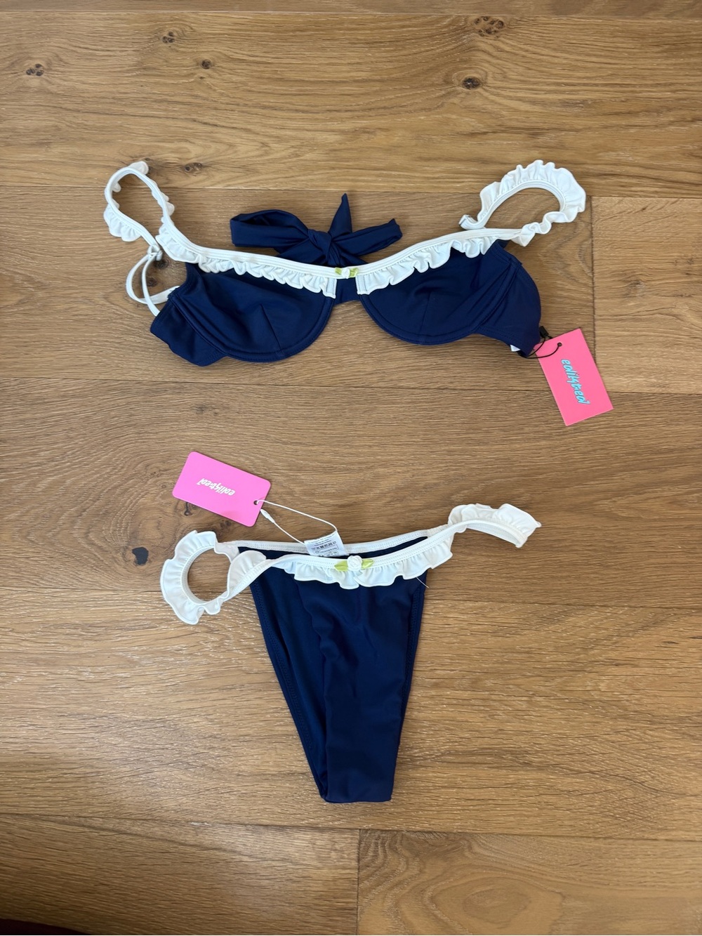 Edikted Navy Bikini with White Ruffle Accent